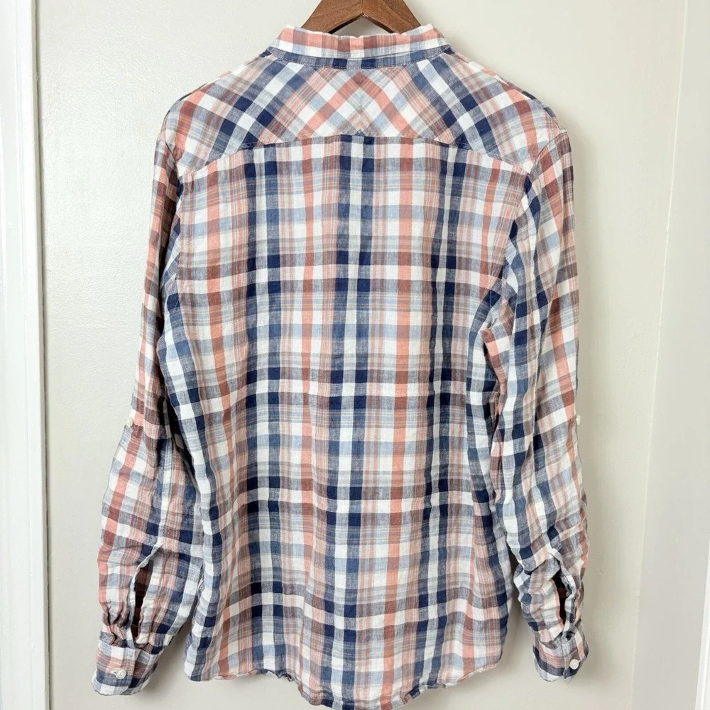 Baird McNutt Mens Linen Shirt Murano Slim Fit Blue Orange Plaid Button Up‎ Large